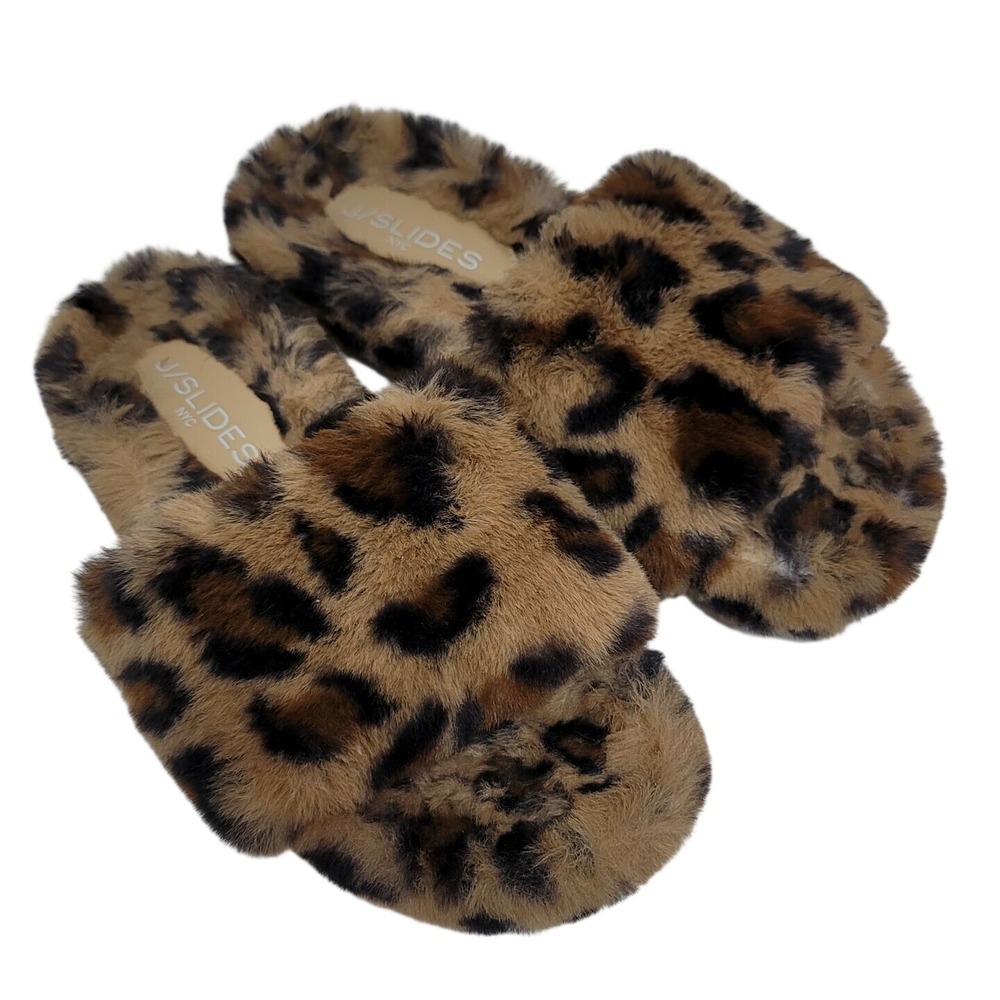 J/Slides NYC Leopard Print Faux Fur Leelee Slide Sandals Womens 6M Brown Black